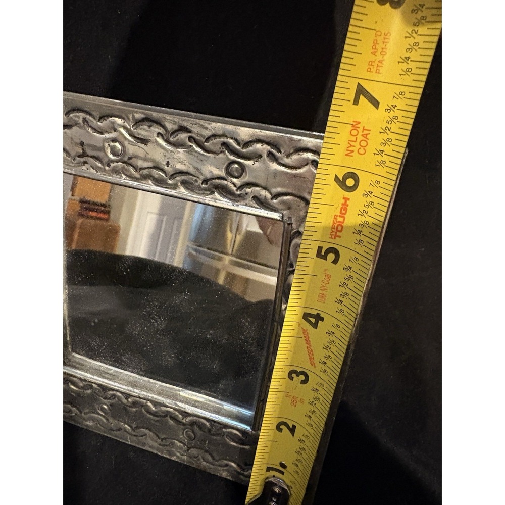 Handcrafted Embossed Metal Mirror Easel back Silver Tone Made in Mexico 6 x6" - Picture 3 of 7